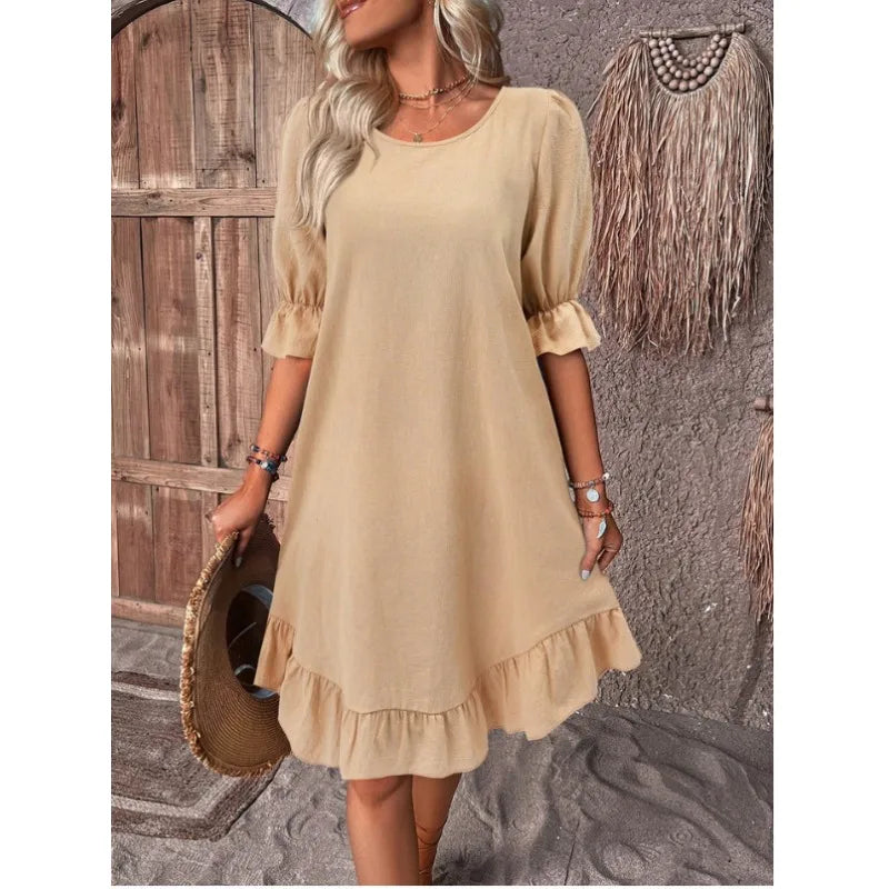 LM | Solid Color Casual Loose Short Dresses For Women Summer A-Line Midi Dress