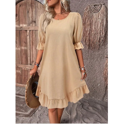 LM | Solid Color Casual Loose Short Dresses For Women Summer A-Line Midi Dress