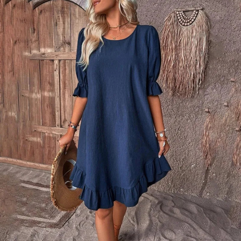 LM | Solid Color Casual Loose Short Dresses For Women Summer A-Line Midi Dress