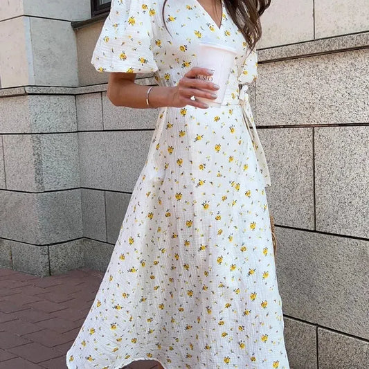 LM | Casual Ladies Summer Dresses 100% Cotton Floral Print A-Line Midi Dress with Side Slits Long Elegant White Dress