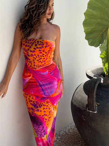 LM | Strapless maxi dress with colorful leopard print