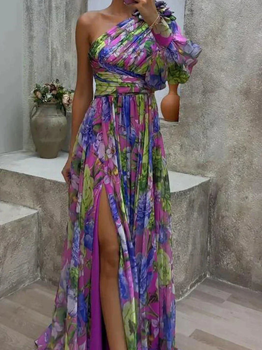 LM | Flowing maxi dress with floral print and one shoulder in lilac