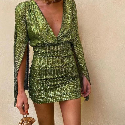 LM | elegant women's sequin mini dress with batwing sleeves