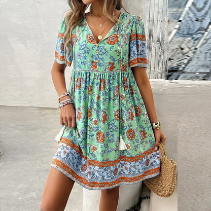 LM | Ariana™ Floral boho mini dress with V-neckline