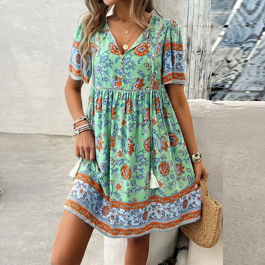 LM | Ariana™ Floral boho mini dress with V-neckline