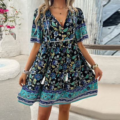 LM | Ariana™ Floral boho mini dress with V-neckline