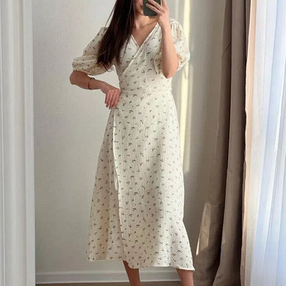 LM | Casual Ladies Summer Dresses 100% Cotton Floral Print A-Line Midi Dress with Side Slits Long Elegant White Dress