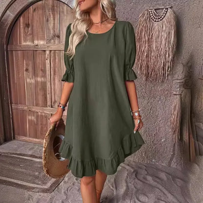 LM | Solid Color Casual Loose Short Dresses For Women Summer A-Line Midi Dress
