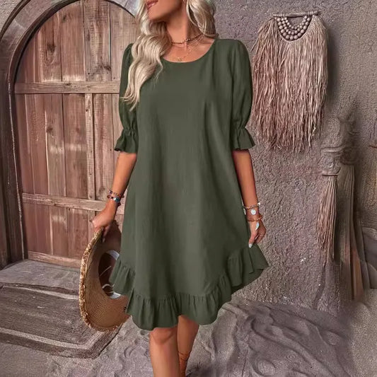 LM | Solid Color Casual Loose Short Dresses For Women Summer A-Line Midi Dress