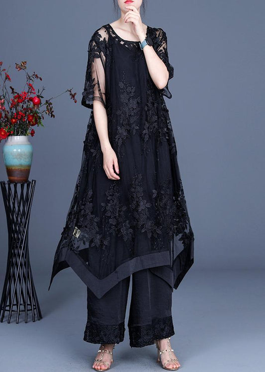 LM | Summer Black Dress Wide Leg Pants Suspender Skirt Three Piece Set