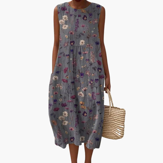 LM | Women's sleeveless midi dress with floral print and pockets