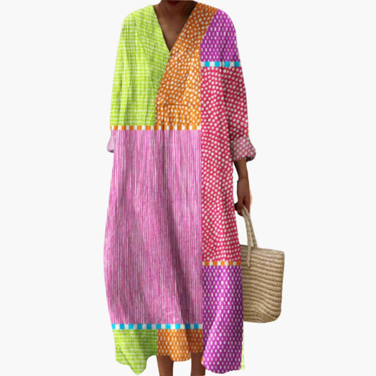 LM | Women's long-sleeved midi dress with patchwork pattern