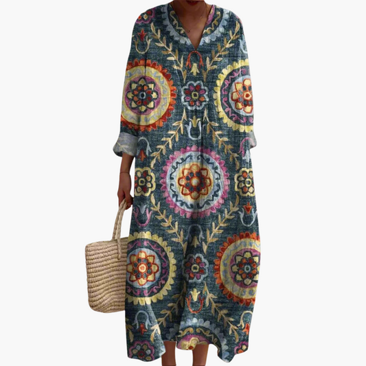 LM | Women's midi dress with V-neck and long sleeves