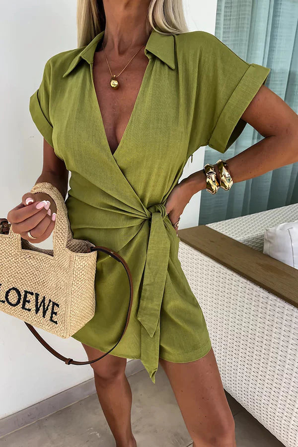 LM | Relaxing Beach Linen Blend Solid Color Wrap Loose Shirt Romper