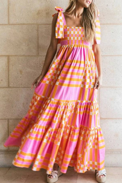 LM | Pink Tie Tie Plaid & Striped Smocked Maxi Dress