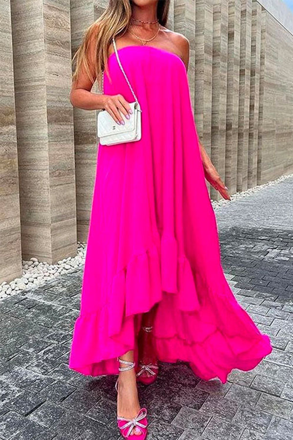 LM | Sleeveless, off-the-shoulder, irregular maxi dress with ruffles