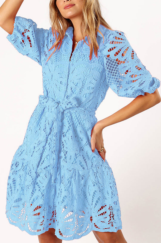 LM | Solid color lace neckline balloon sleeves and waist tie mini dress