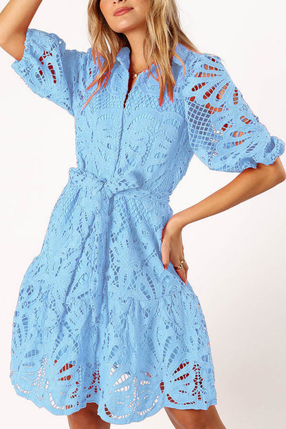 LM | Solid color lace neckline balloon sleeves and waist tie mini dress