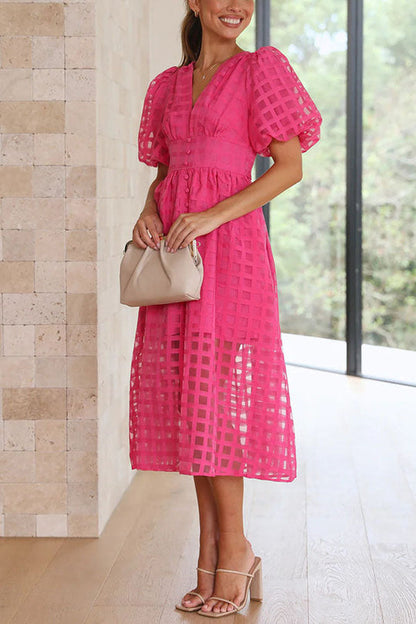 LM | Remarkable Beauty Square Patterned Fabric Puff Sleeve Party Midi Dress