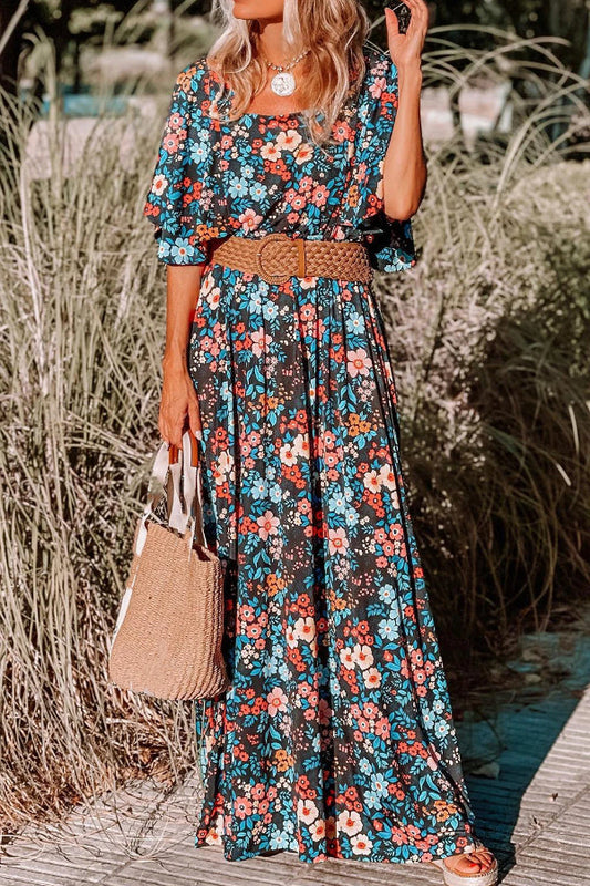 LM | Sky Blue Boho Floral Print Knotted Backless Maxi Dress