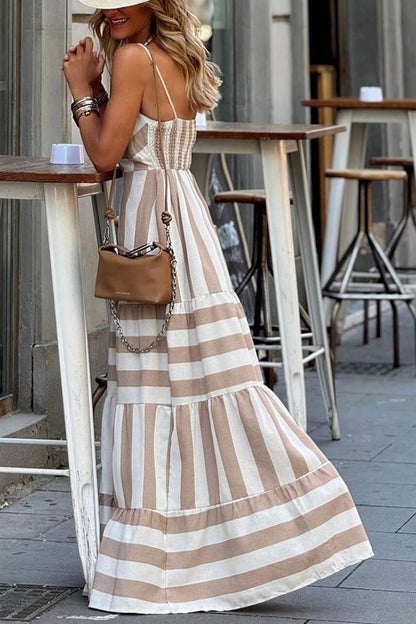 LM | summer stripe print patchwork ruffled backless maxi dress