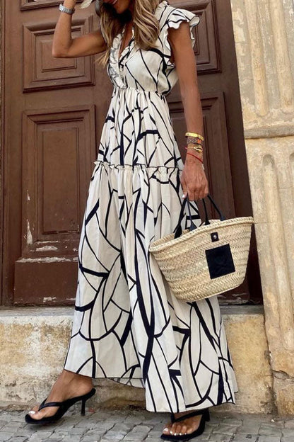 LM | Geometric print V-neck ruffle midi dress