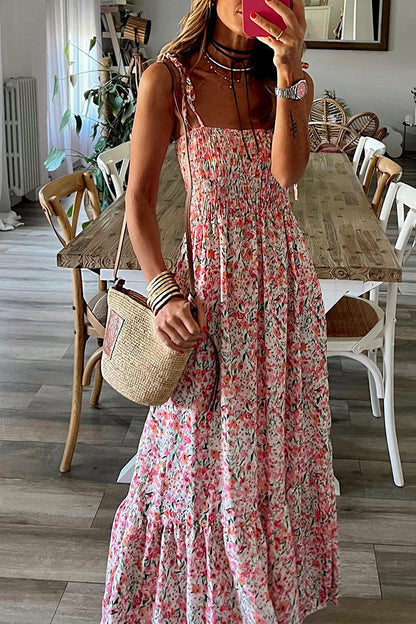 LM | Rubie satin printed strapless elastic back ribbon maxi dress