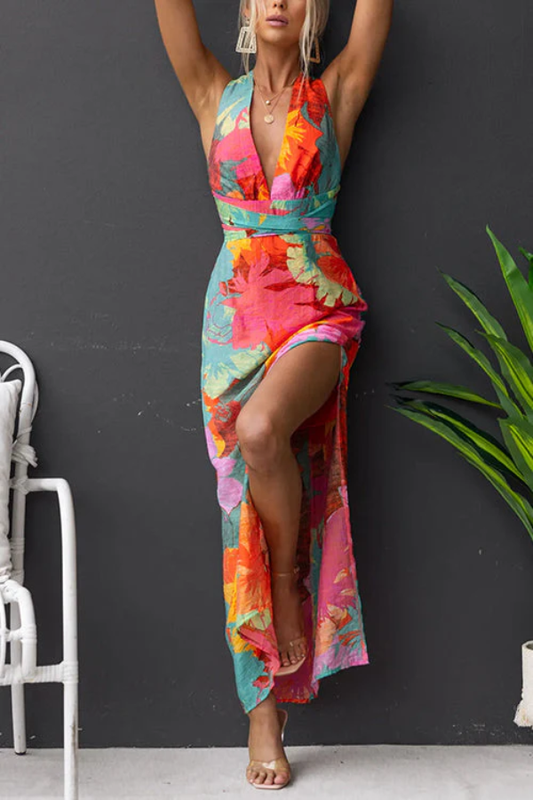 LM | V-Neck Sleeveless Tie Back Slit Floral Print Maxi Dress