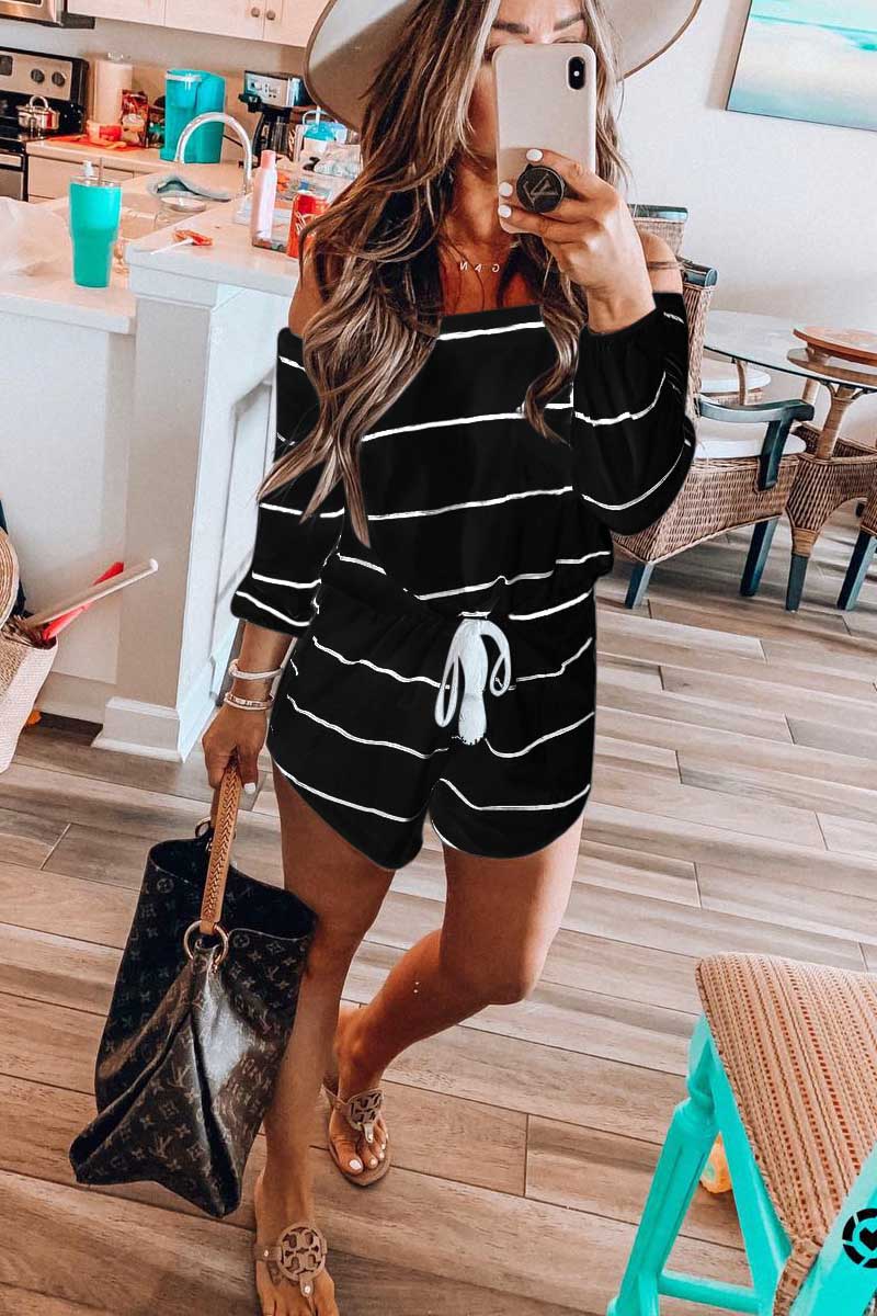 LM | Off the shoulder striped loose one-piece romper