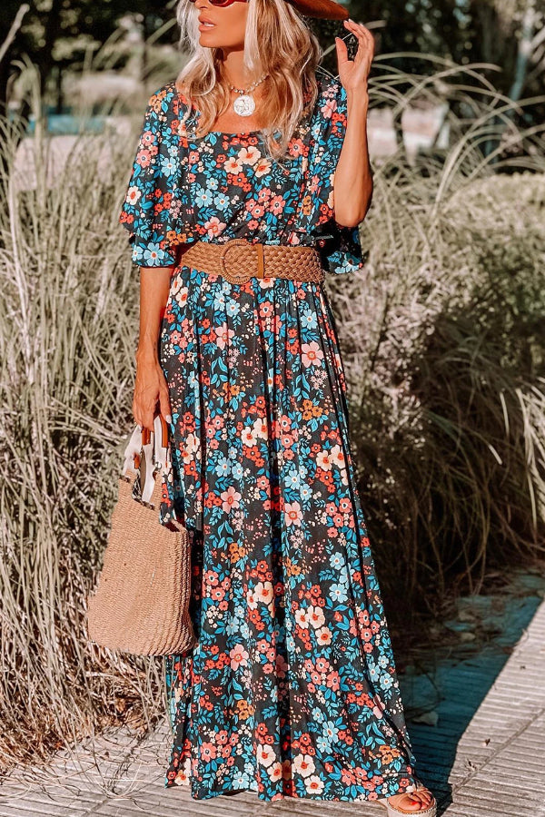 LM | Sky Blue Boho Floral Print Knotted Backless Maxi Dress