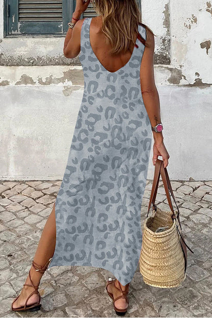 LM | Gray Casual Leopard Print Side Slits Tank Maxi Dress