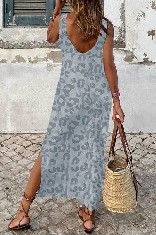 LM | Gray Casual Leopard Print Side Slits Tank Maxi Dress