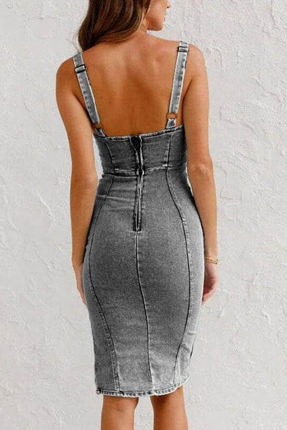 LM | This Seasons Staple Denim Adjustable Straps Zip-up Firm Stretch Midi Dress