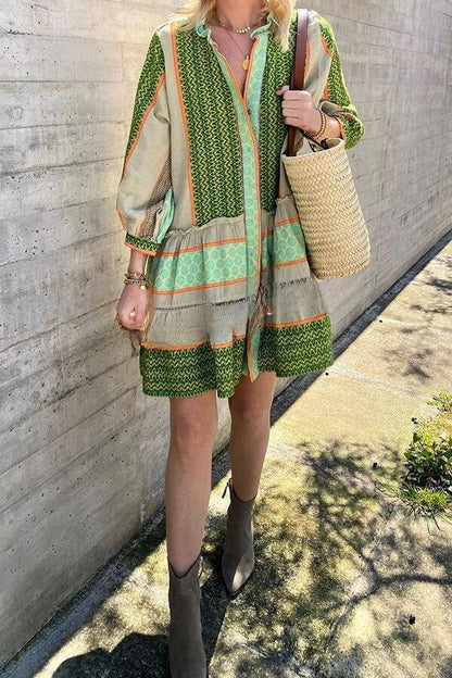 LM | Vacation Style Ethnic Print Button Loose Mini Dress