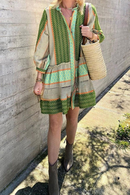 LM | Vacation Style Ethnic Print Button Loose Mini Dress