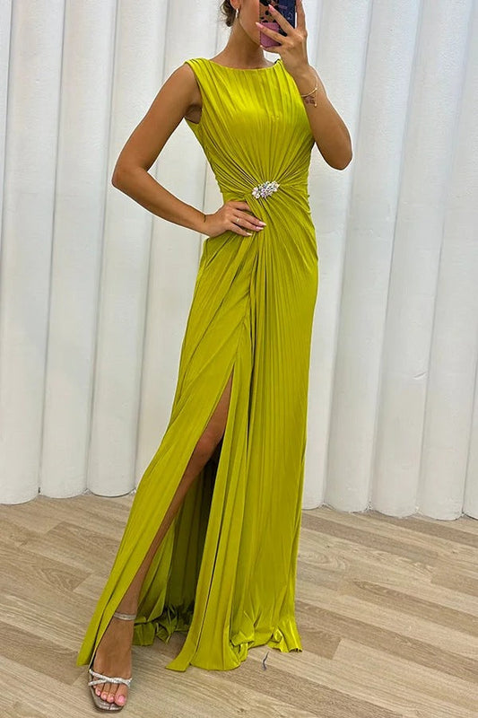 LM | Pretty Special Pleated Embellished Slit Evening Maxi Dress