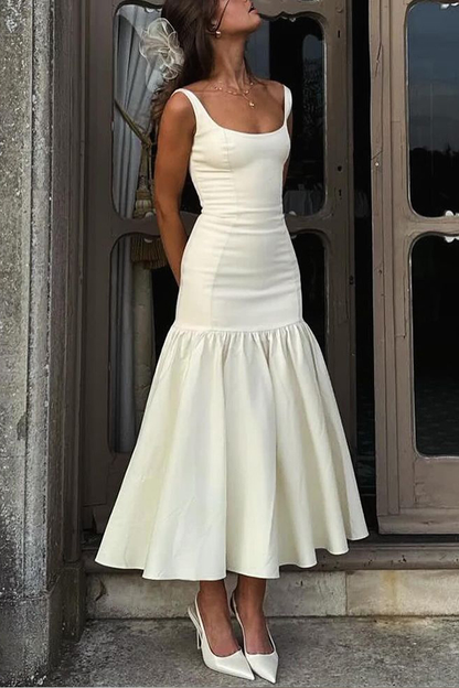 LM | Graceful Silhouette Square Neckline Wide Strap Drop Waist Midi Dress