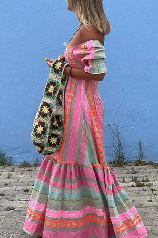 LM | Music Festival Geometric color block pocket dress Boho maxi dress in smocked style