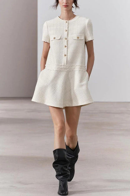 LM | 1960s London Girl tweed textured gold button short sleeve pocketed mini dress