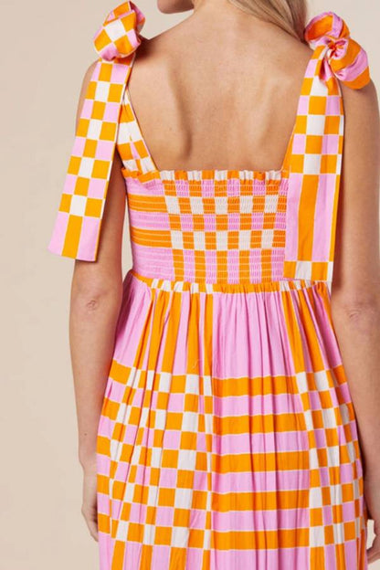 LM | Pink Tie Tie Plaid & Striped Smocked Maxi Dress