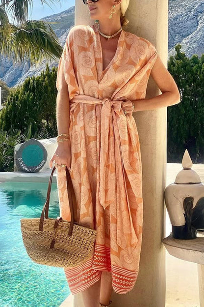 LM | Fashion Conch Print V-Neck Lace-Up Beach Midi Dress