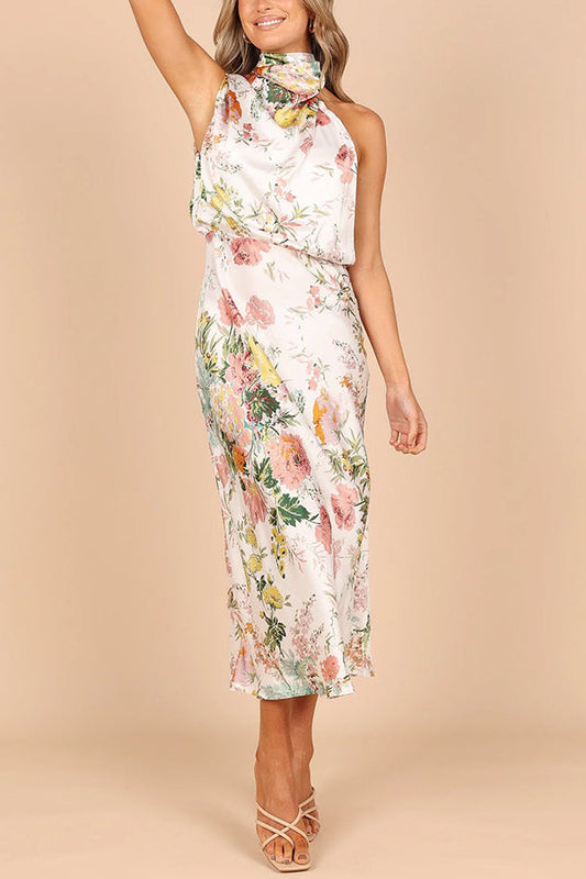 LM | Wine Country Dates Floral Halter Neck Elastic Waist Maxi Dress