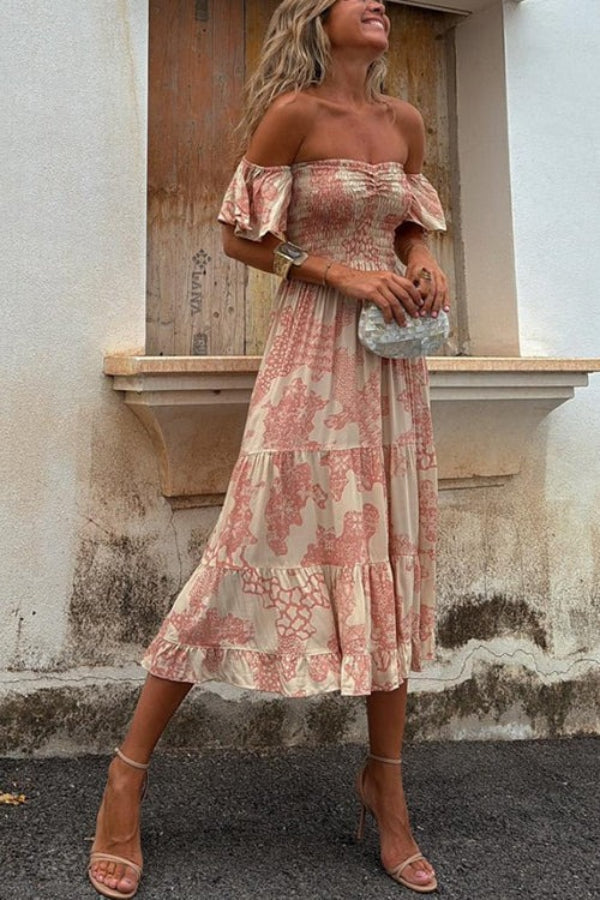 LM | Pitaya Unique Print Off Shoulder Smocked Ruffle Sleeve Layered Midi Dress
