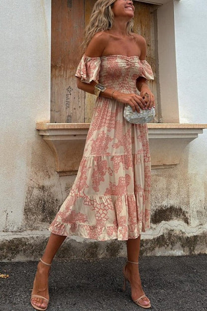 LM | Pitaya Unique Print Off Shoulder Smocked Ruffle Sleeve Layered Midi Dress