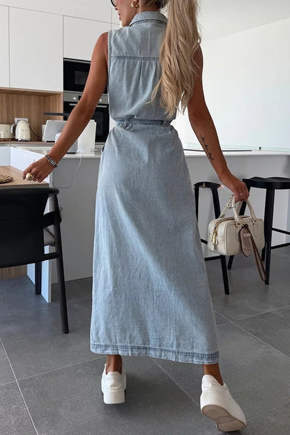 LM | Solid Color Sleeveless Single Breasted Waist Tie Casual Bag Denim Midi Dress