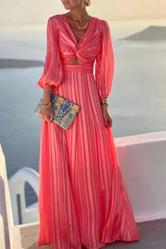 LM | Striped Bow Hollow Out V-Neck Bishop Sleeve Maxi Dress
