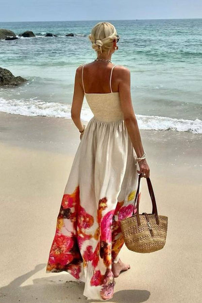 LM | Hidden Garden Satin Floral Print Smocked Off Shoulder Maxi Dress