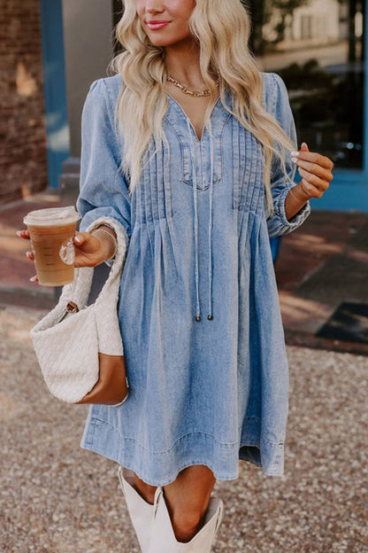LM | Fate Would Have It Denim Playful Pleated Pocket A-Line Mini Dress