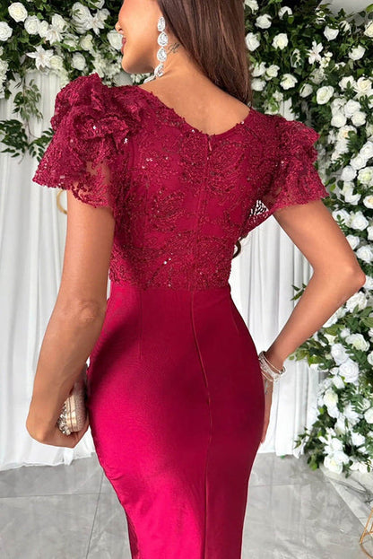 LM | Dreamy luxury lace and satin patchwork ruffle sleeves ruffled midi dress