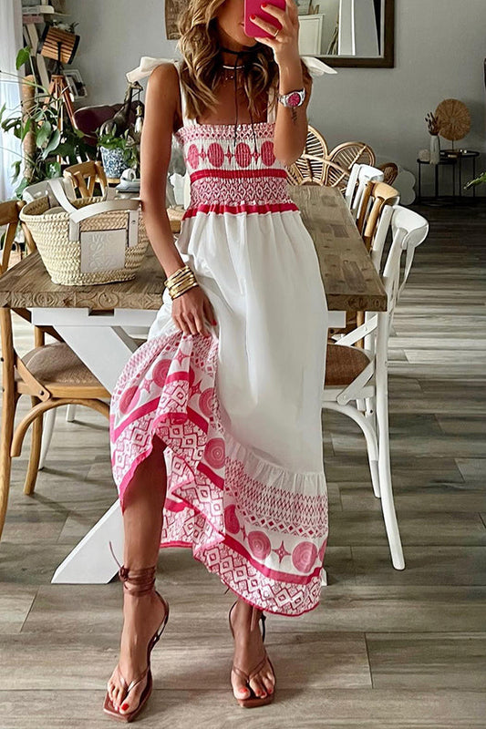 LM | Malibu Villa Ethnic printed maxi dress with smocked shoulders